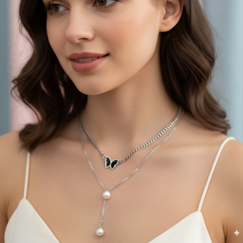 Luna Butterfly & Pearl Layered Necklace