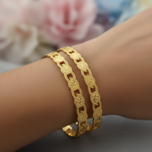 Ornate Leaf-Link Gold Bangles (2 PIECE)