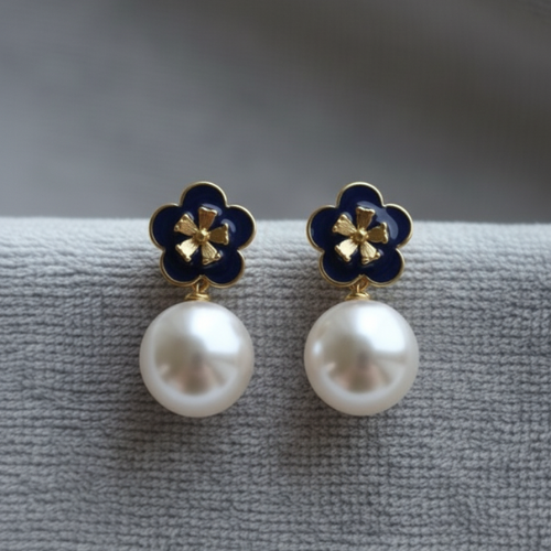 Elegant Enamel Clover & Pearl Drop Earrings