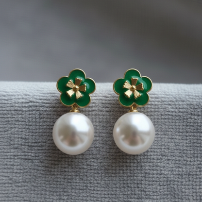 Elegant Enamel Clover & Pearl Drop Earrings